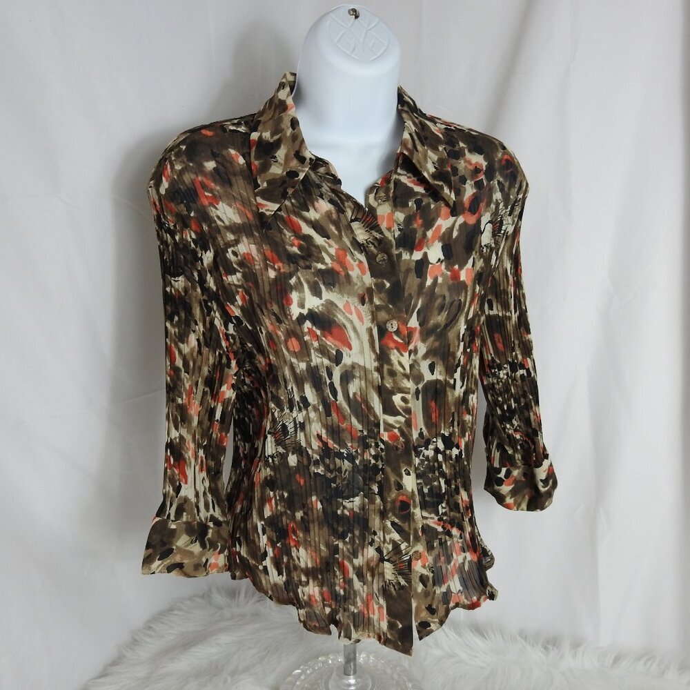 Vintage Pleated Abstract Petite Womens Shirt Size M PM Bellismo Brown Orange